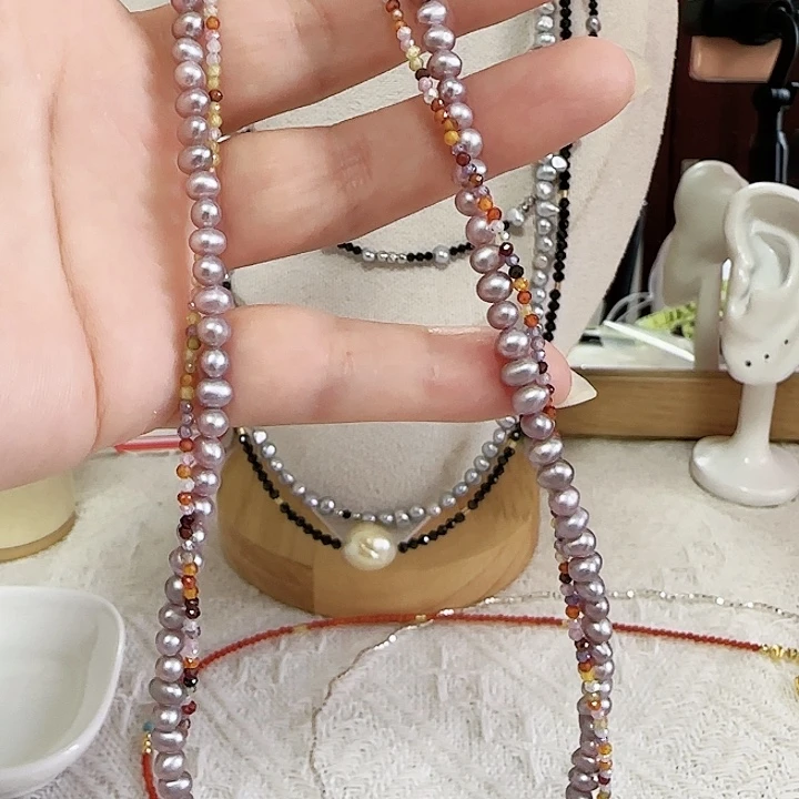 淡水珍珠未镶嵌颈饰紫色无核设计款有纹