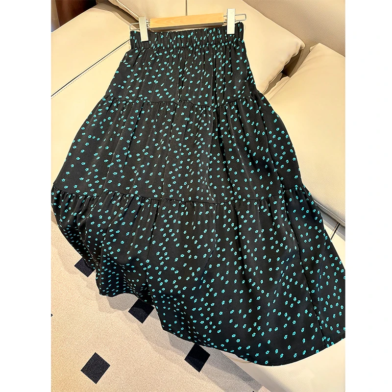 2025春夏新百搭雪纺碎花半身裙中长款高腰显瘦A字裙拼接大摆长裙L