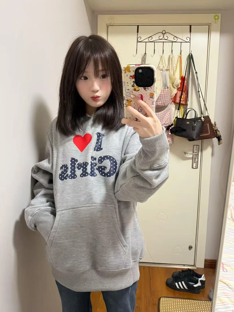 无帽绳连帽卫衣女2025秋冬新款复古宽松印花时尚甜美外套ins上衣