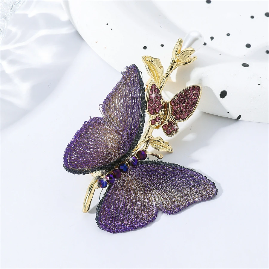 合金布艺胸针 法式复古蝴蝶胸针珍珠时尚个性饰品衣服别针配饰