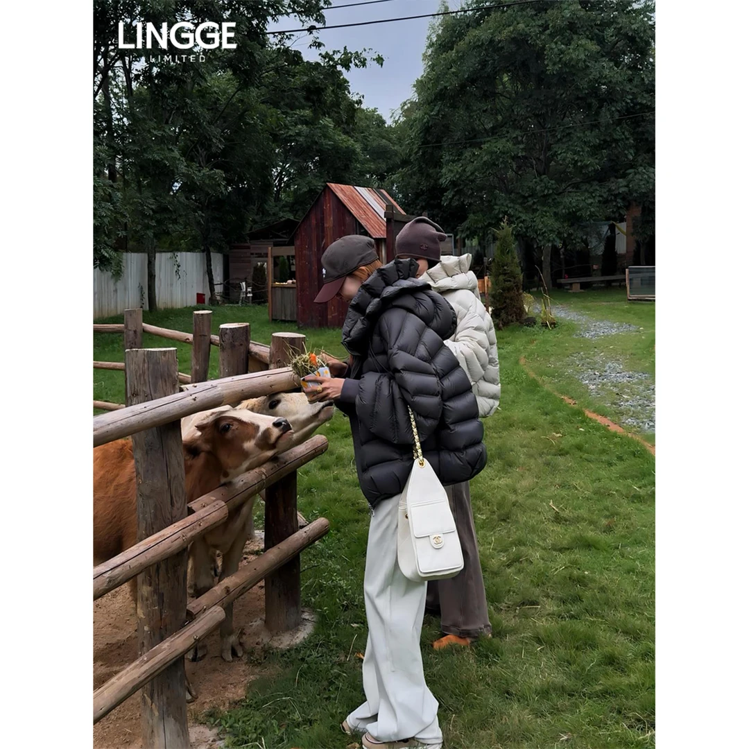 LINGGE ATELIER • 绽时 哑光质地多片立裁连帽廓形短款女士羽绒服
