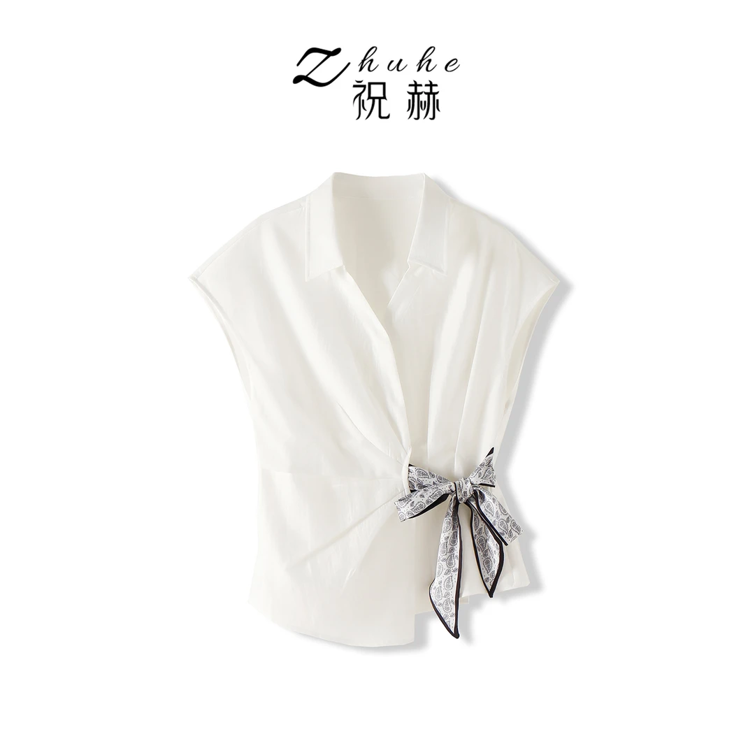 夏季爆款法式设计感不规则独特无袖衬衫-5XS33220