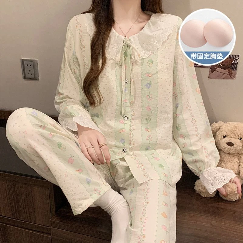 带胸垫睡衣女士春秋季薄款长袖云朵棉套装可爱家居服网红爆款花兔