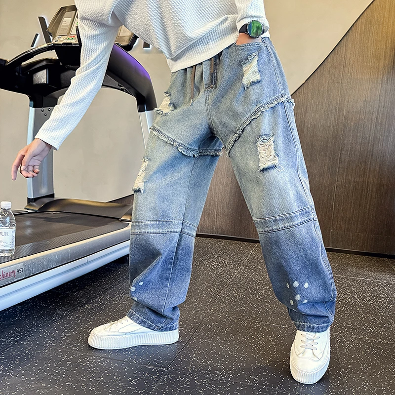 渐变色破洞弯刀牛仔裤男士春秋款潮牌痞帅直筒宽松阔腿休闲长裤子