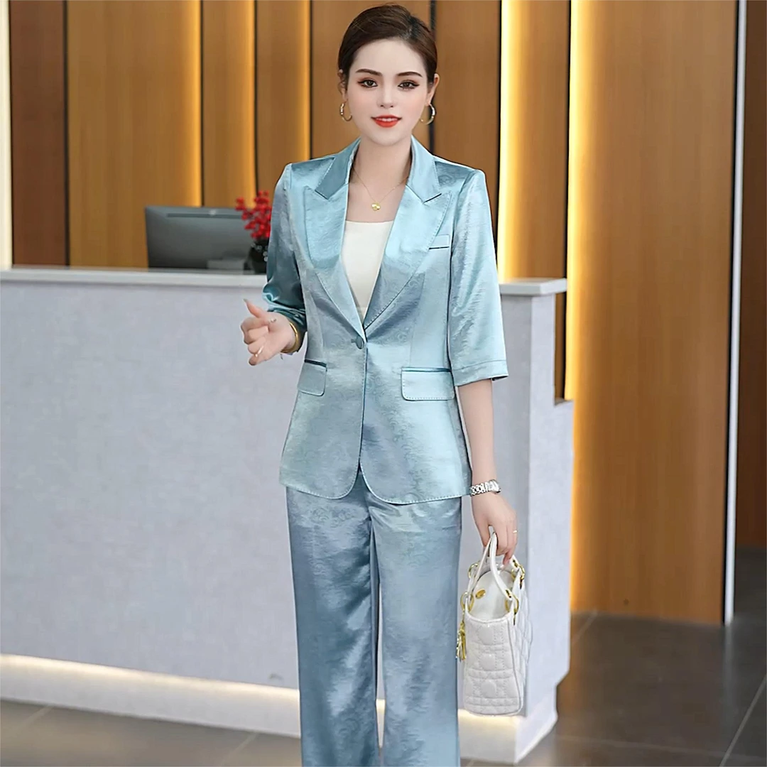 9218夏款印花气质2025新薄款洋气中袖蓝色时尚职业西装套装