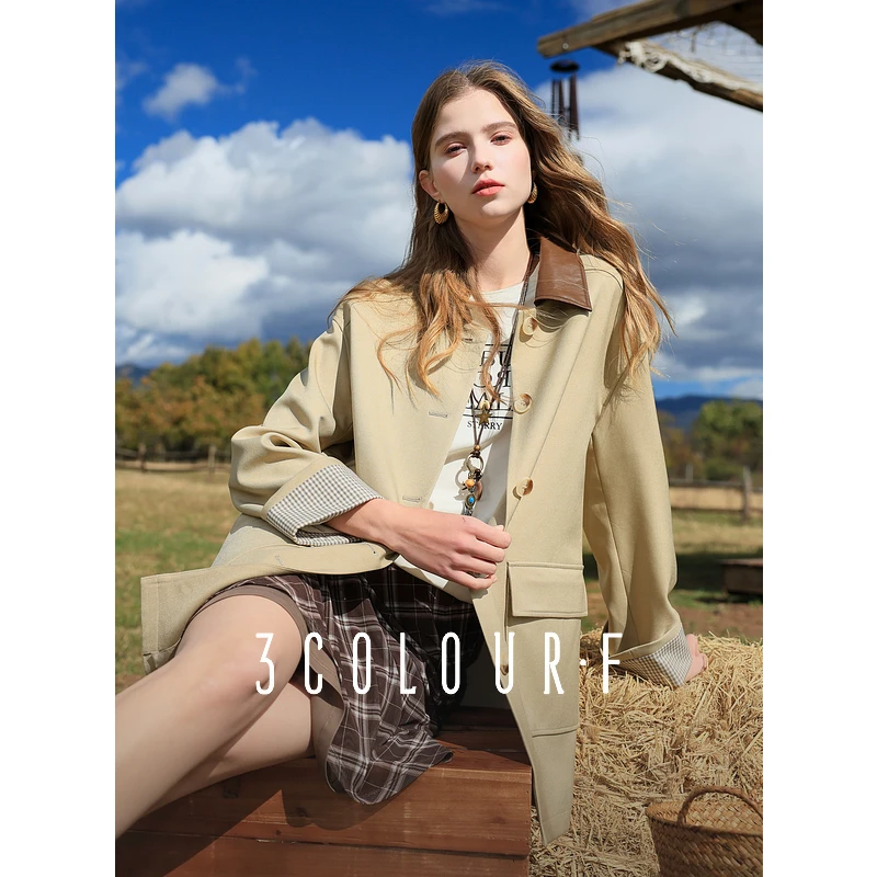 三彩独醒2025春季新款日系卡其色巴恩风衣拼接pu皮领中长外套女F
