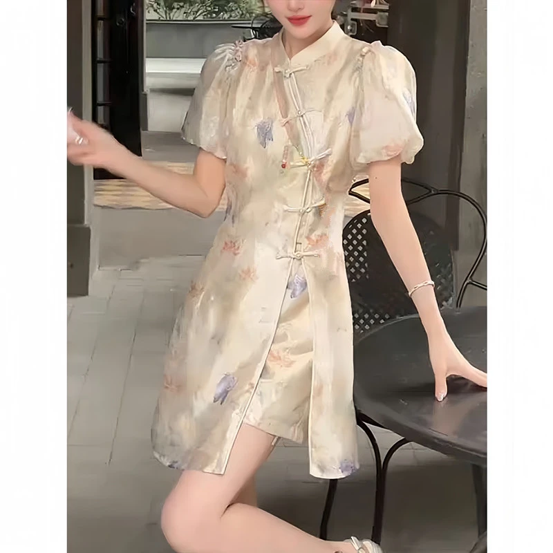 气质夏季复古法式中国风裙子显瘦短袖套装小个子新中式小众收腰