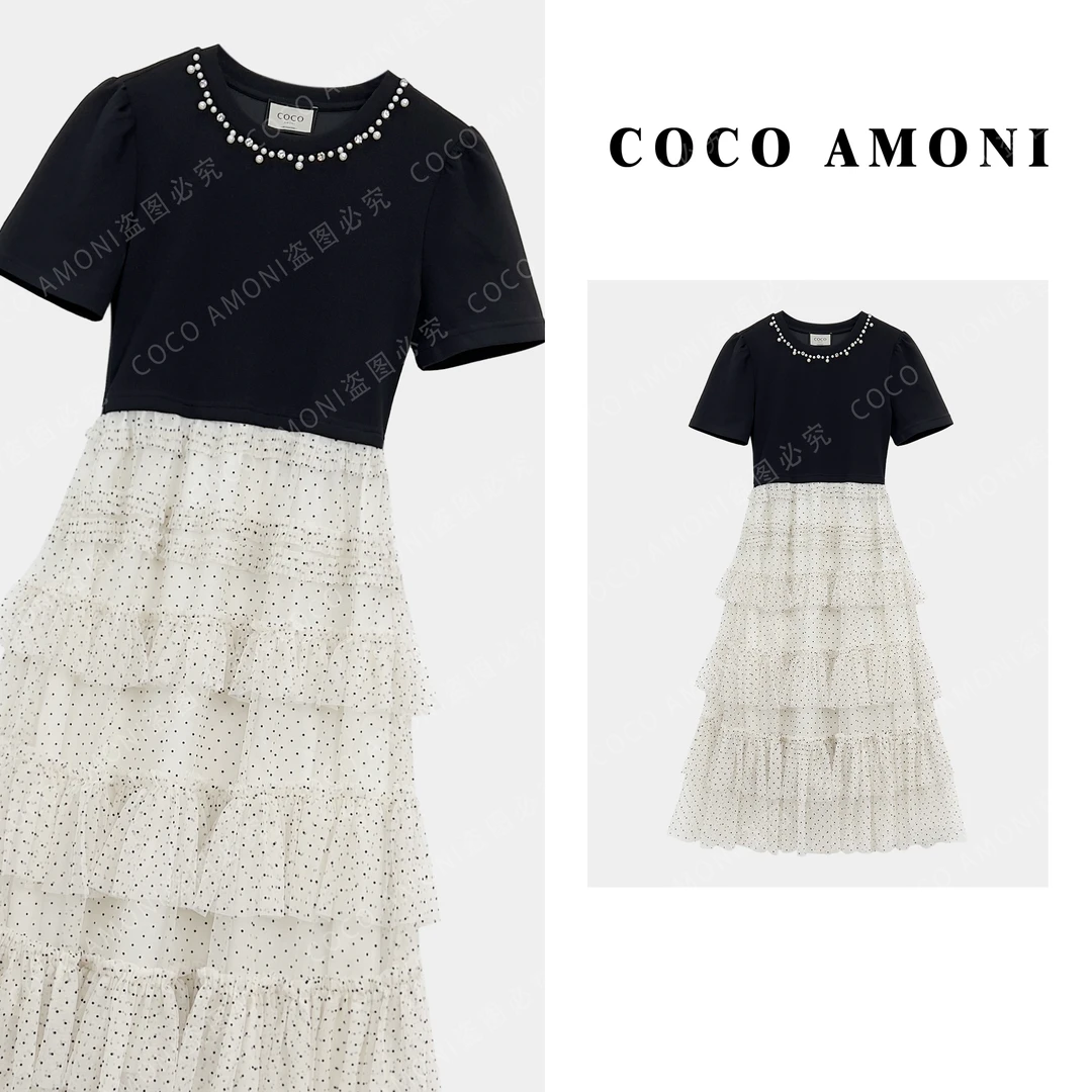 钉珠拼接款大裙摆波点遮肉显瘦连衣裙AC302