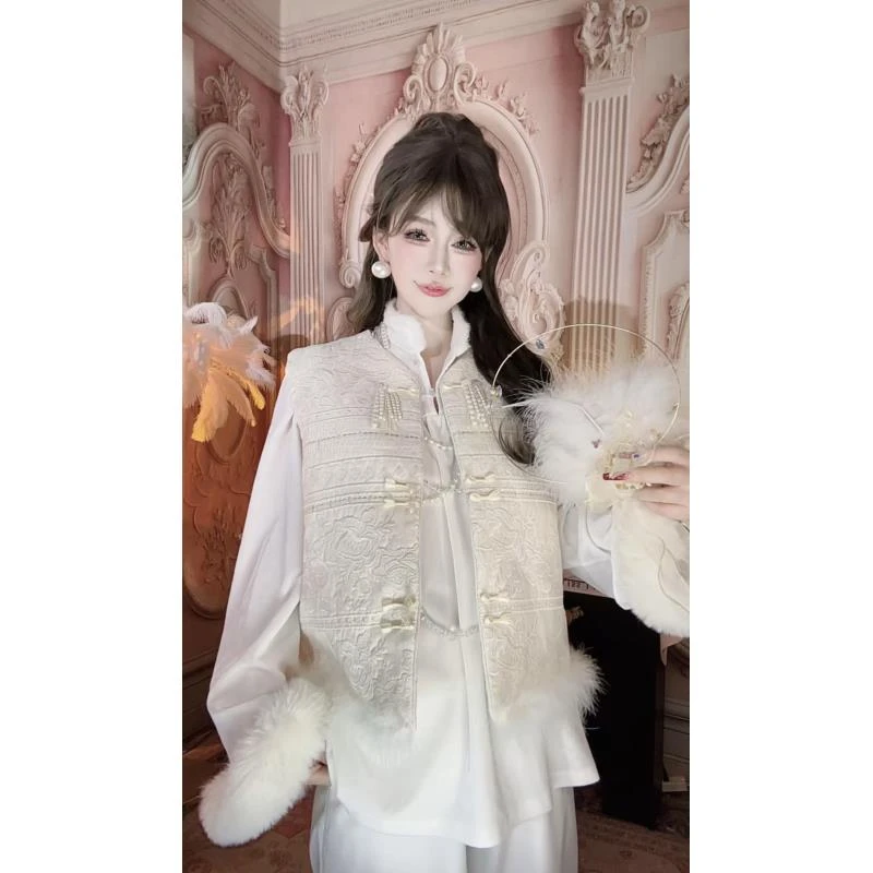 【崔】W0239新中式国风绣花棉马甲女冬季新款气质盘扣毛毛坎肩马夹