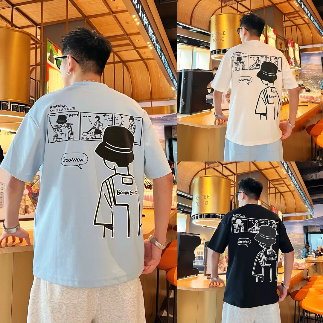 个性百搭时尚宽松潮流插画人物发泡设计感绣标男士套头圆领T恤