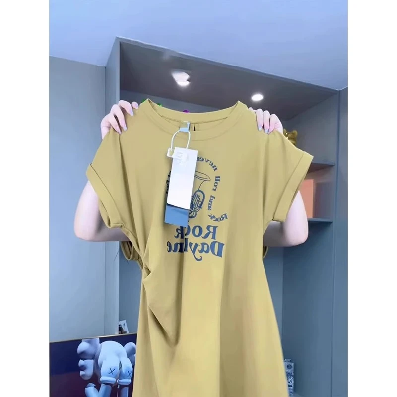 芯娇晴小香风港味复古chic休闲圆领半袖收腰开叉T恤连衣裙女夏季