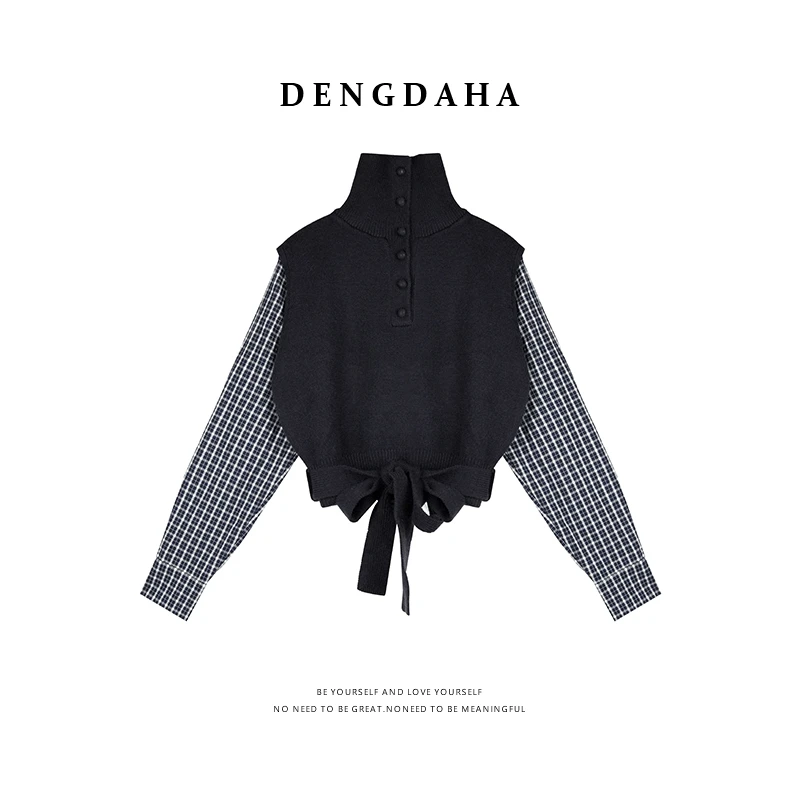 DENGDAHA「莫尔周刊」高领毛衣秋冬款显瘦拼接长袖针织上衣 A9012