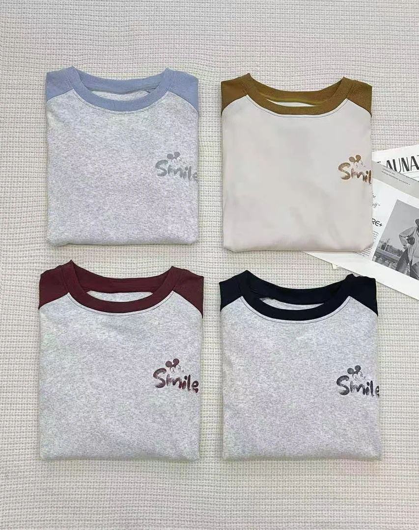 Pada嘻&CF【拼接撞色】韩系休闲 简约卡通印花T恤 24057 Hi Fortune