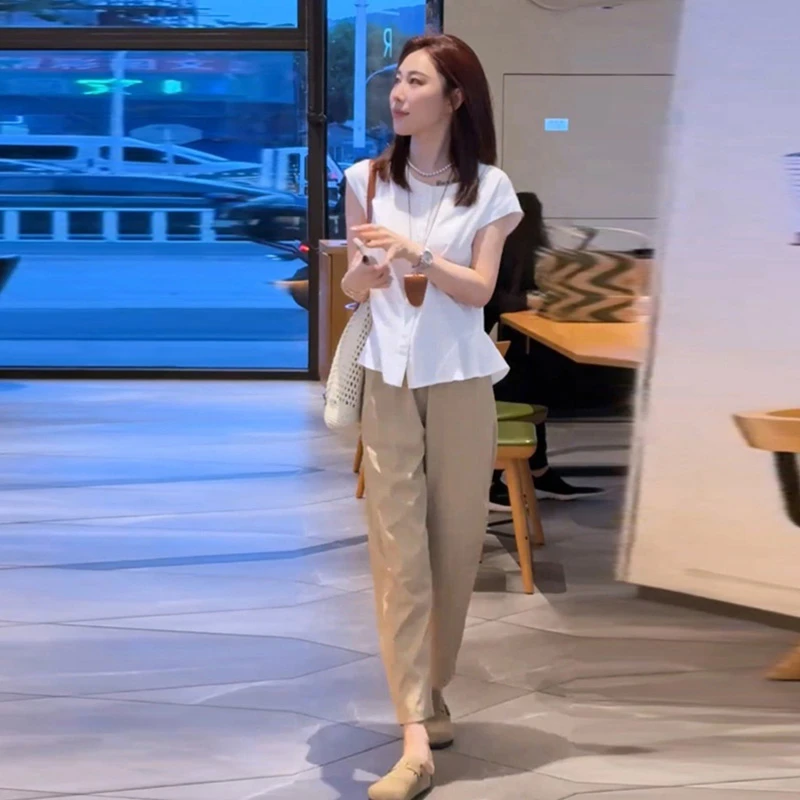 2025超火两件套夏装女装法式小资气质休闲白色小飞袖衬衫套装裤子