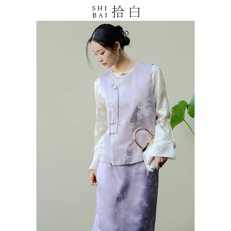 拾白新中式马甲斜襟2025春夏新款原创国风女装珍珠盘扣上衣SU3047