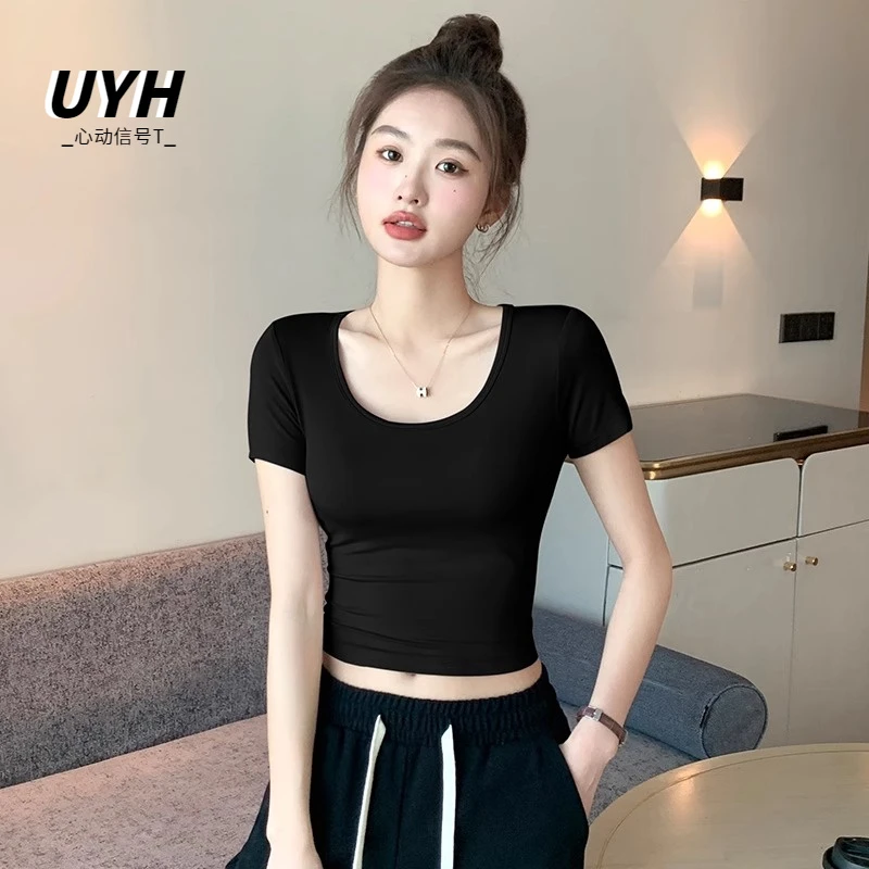 UYH黑色莫代尔短款T恤女夏U领短袖高腰露脐紧身上衣薄款冰丝面膜