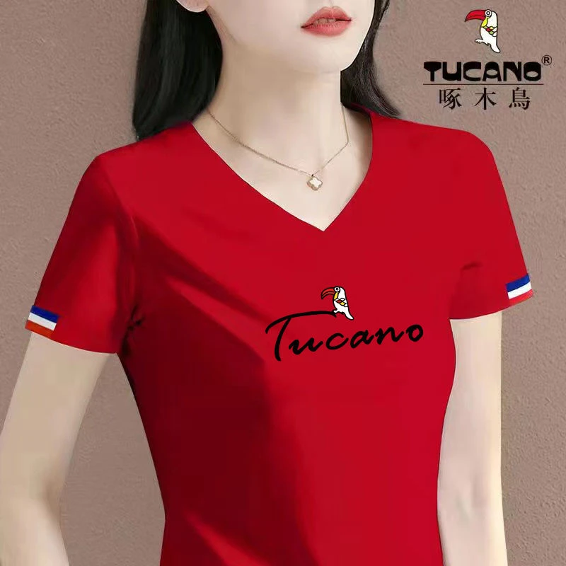 啄木鸟2025新款夏季时尚潮ins百搭洋气V领/t恤女休闲显瘦短袖上衣