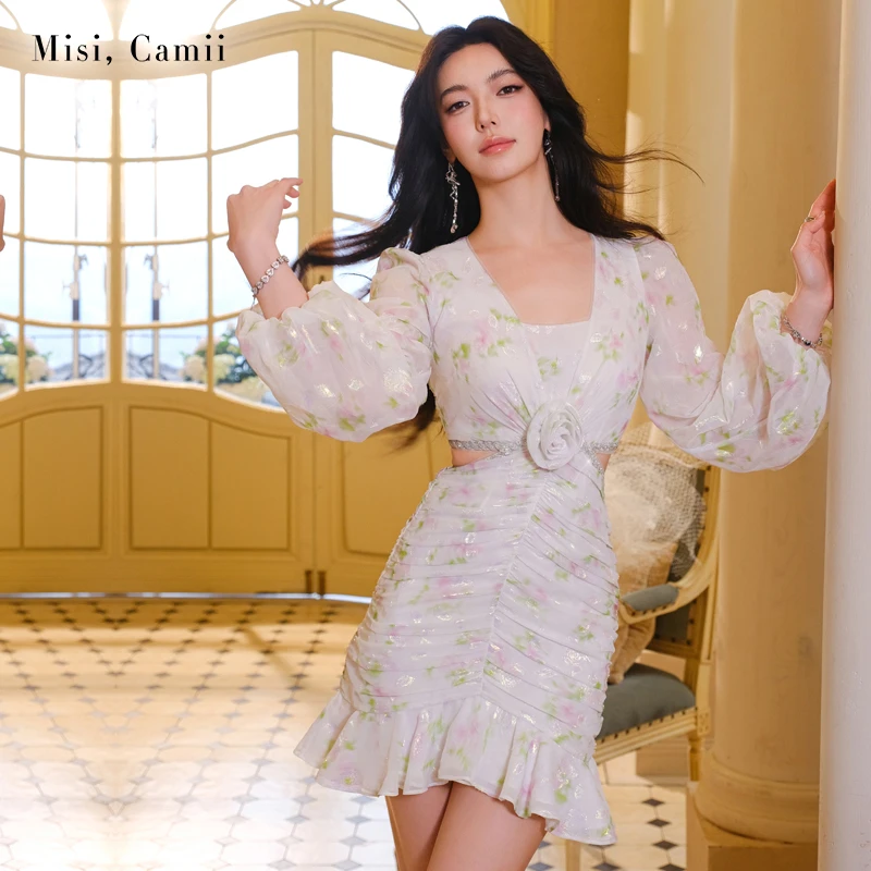 Misi,Camii2025春夏新款女装钻饰粉绿花褶皱连衣裙气质时尚感轻奢