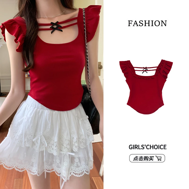 红色方领蝴蝶结正反两穿短袖T恤女辣妹显白修身显瘦飞飞袖上衣夏