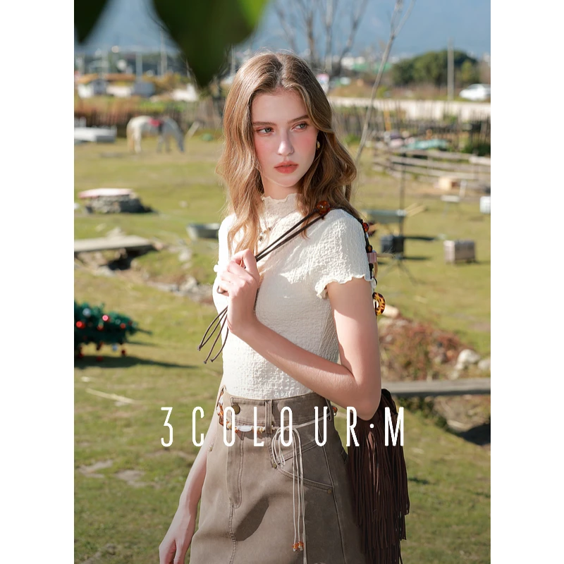 三彩2025春季新款泡泡云朵T恤肌理感木耳边立领短袖修身上衣M