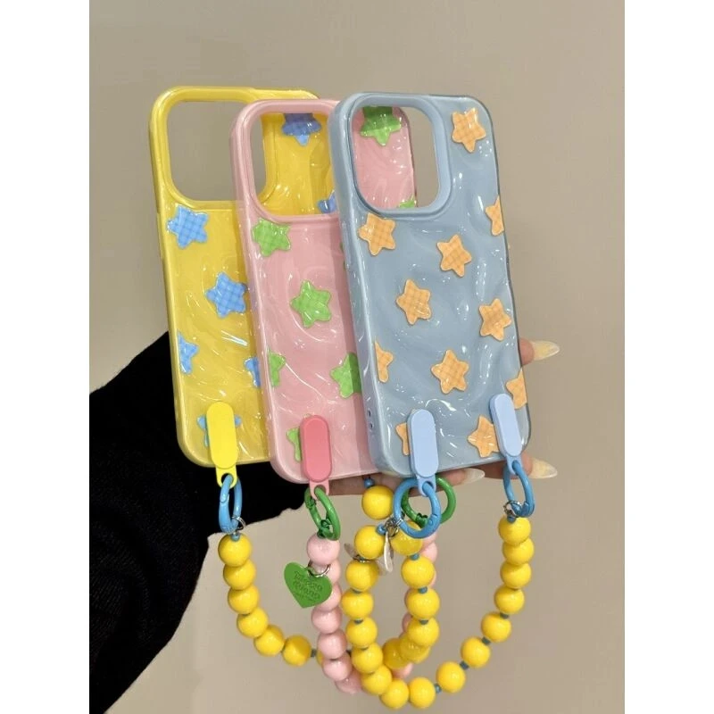 糖果色褶皱星星圆珠挂链iphone16promax苹果手机保护壳14pro新款