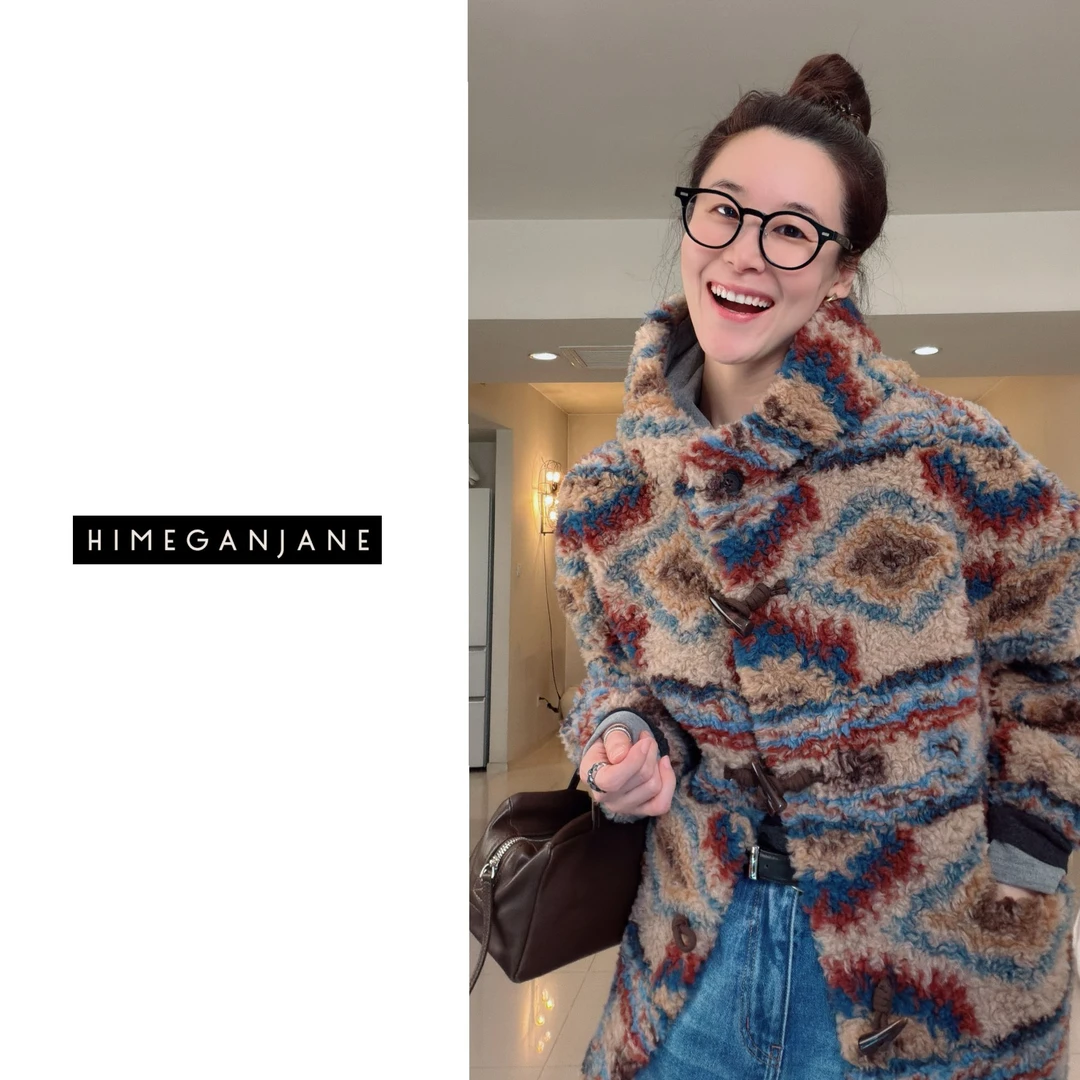 HIMEGANJANE “油画”100%羊毛 六色提染费尔岛连帽牛角扣外套25021