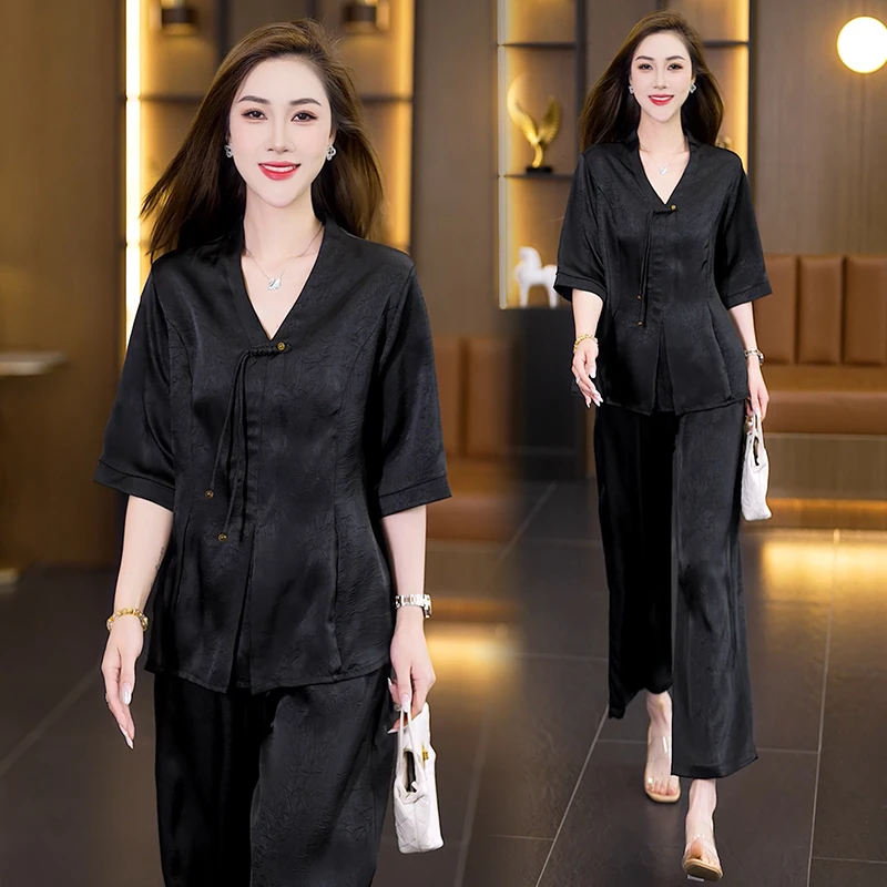 2025夏季新款时尚新中式盘扣气质大码短袖洋气设计感套装两件套