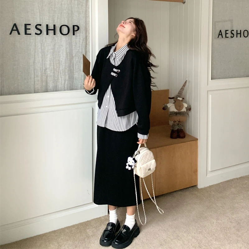 韩系慵懒风套装裙女2025春秋新款松弛感假两件条纹拼接上衣半身裙