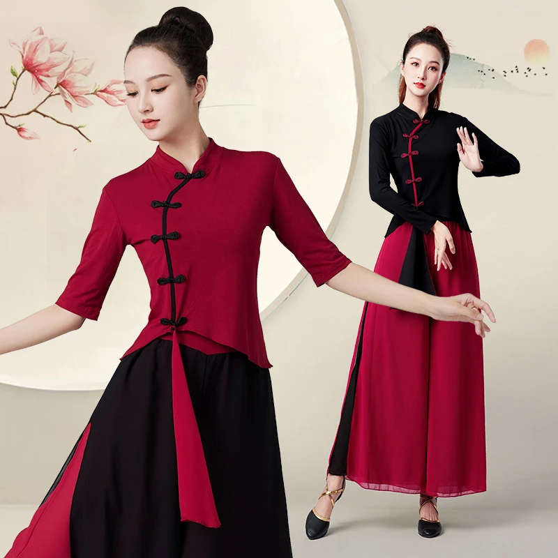 2304新品广场舞服装套装奥代尔琵琶中长袖跳舞衣服雪纺舞蹈练功服