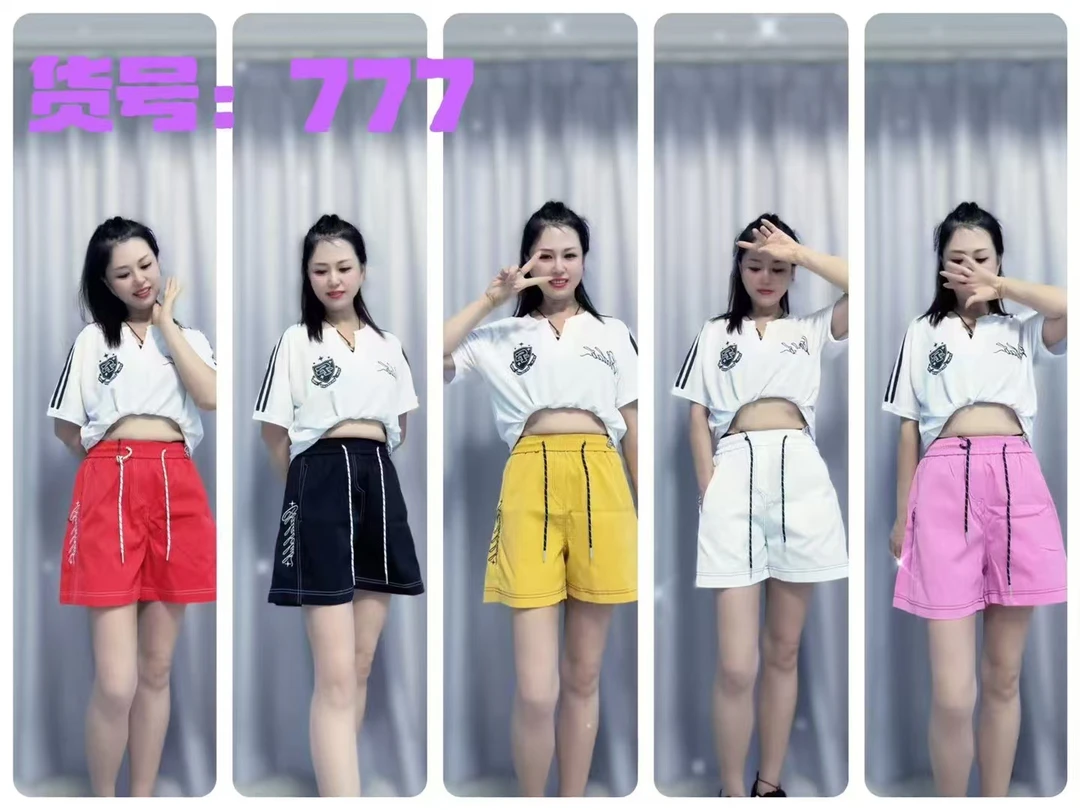 CX777夏季新款天丝水洗棉时尚百搭松紧刺绣五分短裤