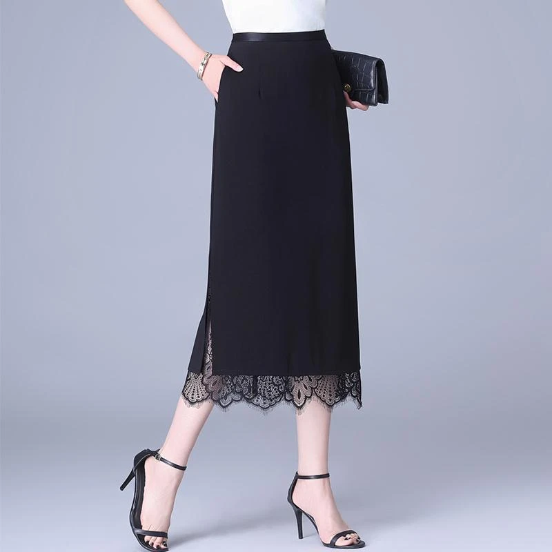 法劳格高级感蕾丝拼接黑色半身裙女包臀裙夏季新款高腰显瘦气质一