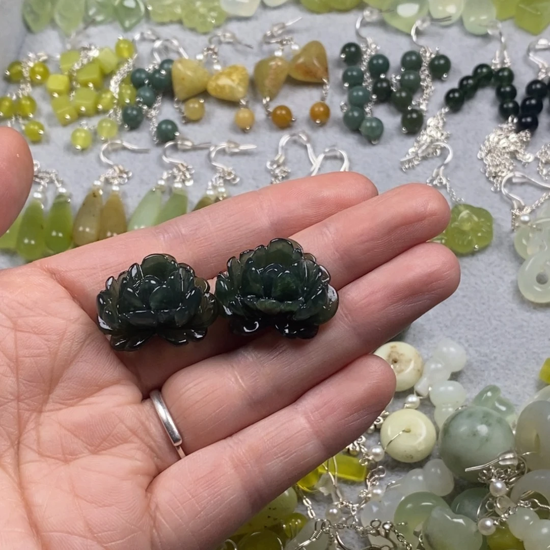 蛇纹石玉银S925镶嵌挂件耳饰耳环项链