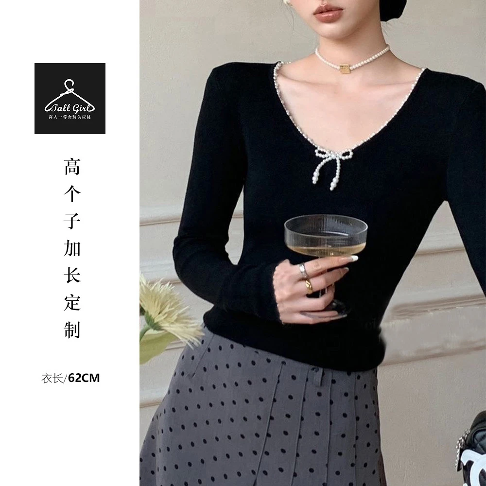 【拉法LF】「珍珠小姐」高个子法式别致V领减龄修身针织衫