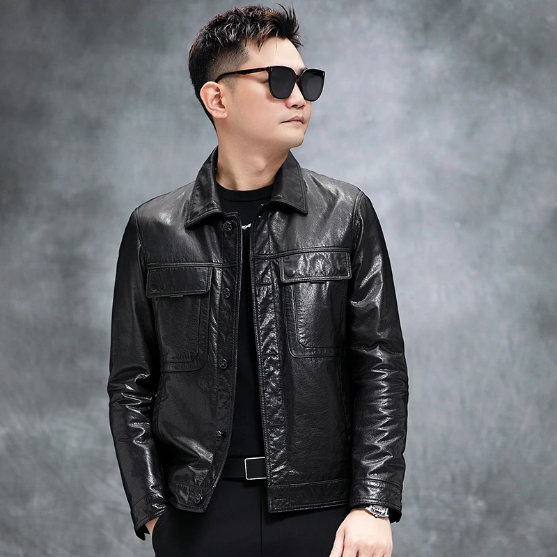 babibao/巴比豹【2259单】海宁春季新款真皮皮衣男翻领外套油蜡牛皮