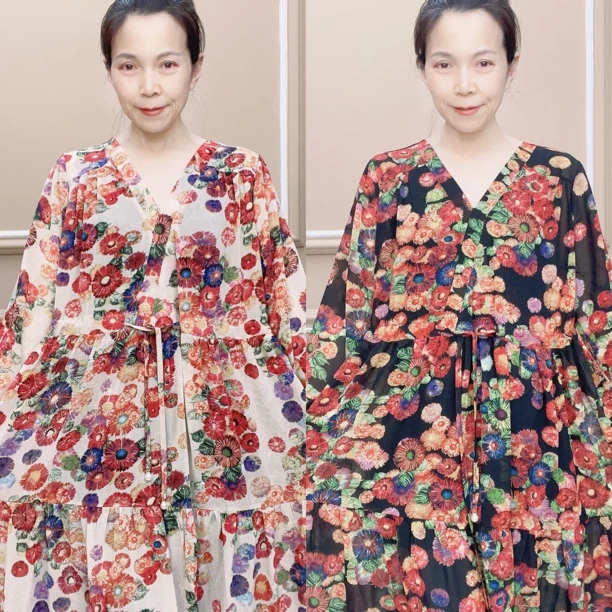 长袖中长款遮肚连衣裙女装大码薄款高腰夏季印花碎花显瘦