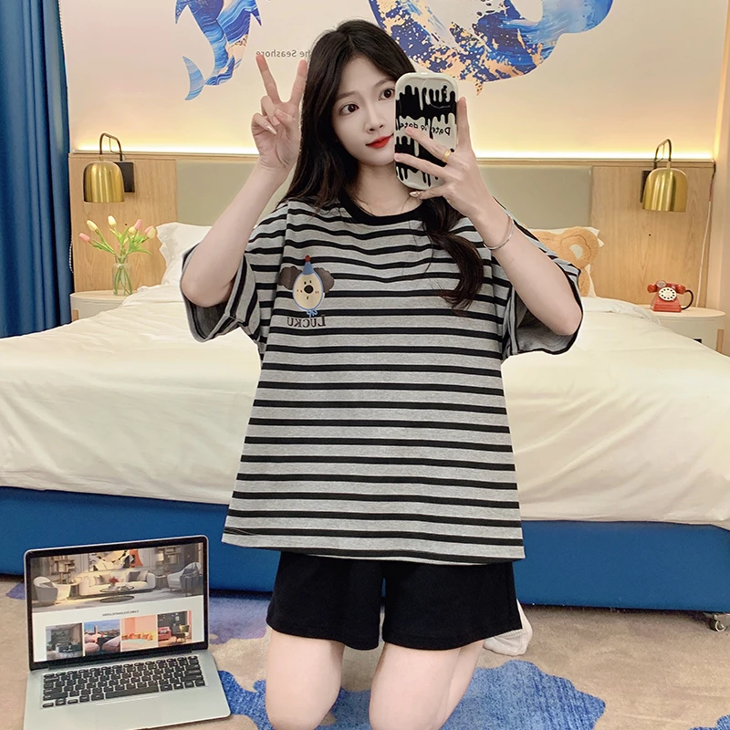 条纹睡衣女款爆款2025新款夏季薄款短袖套装可爱甜美可外穿家居服