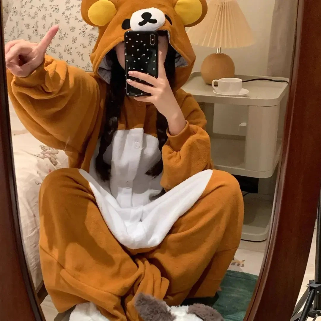 可爱轻松熊连帽一体睡衣连体秋冬季珊瑚绒卡通可外穿保暖家居服