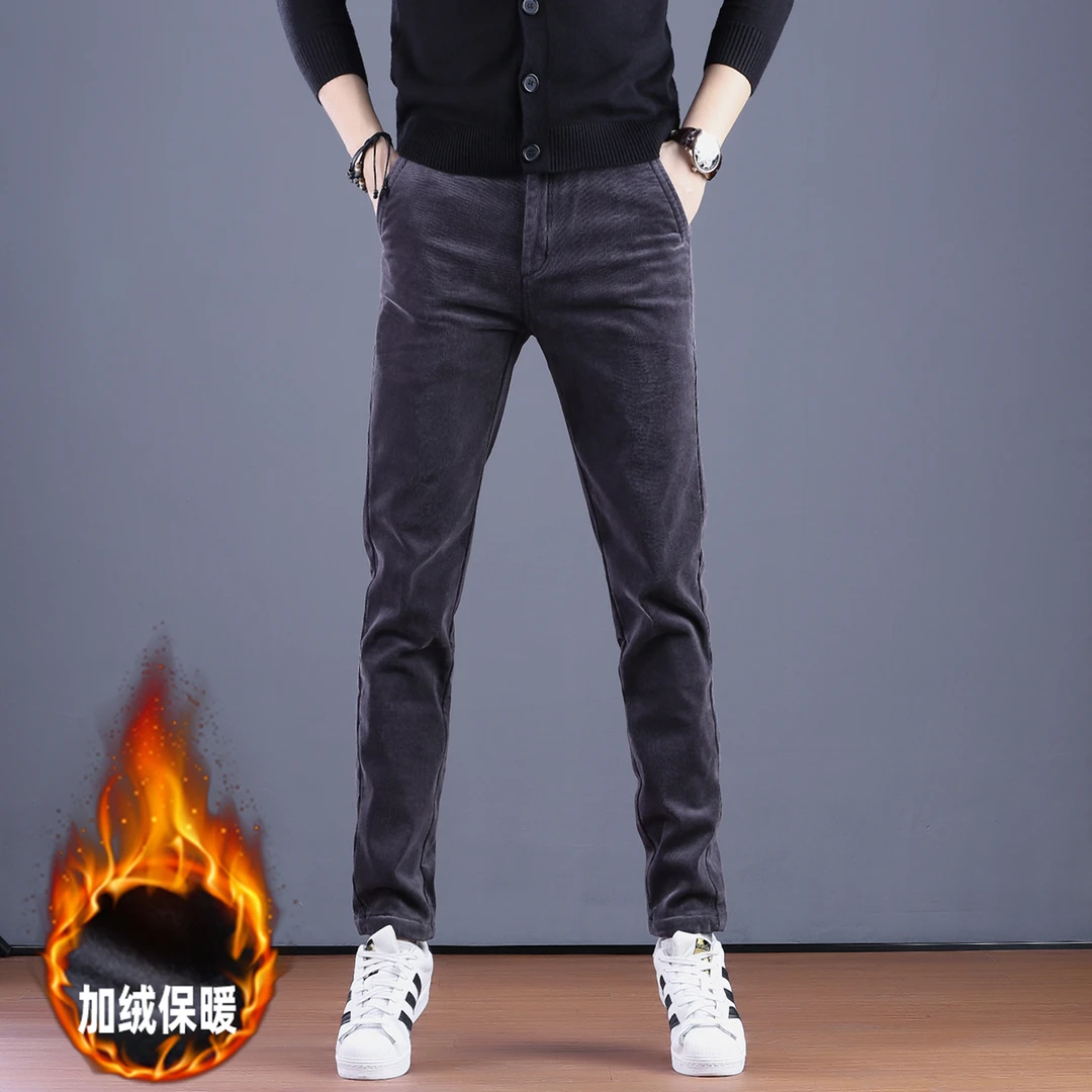 爸爸装灯芯绒直筒裤子男士加绒休闲裤秋冬季保暖修身灰色条绒长裤