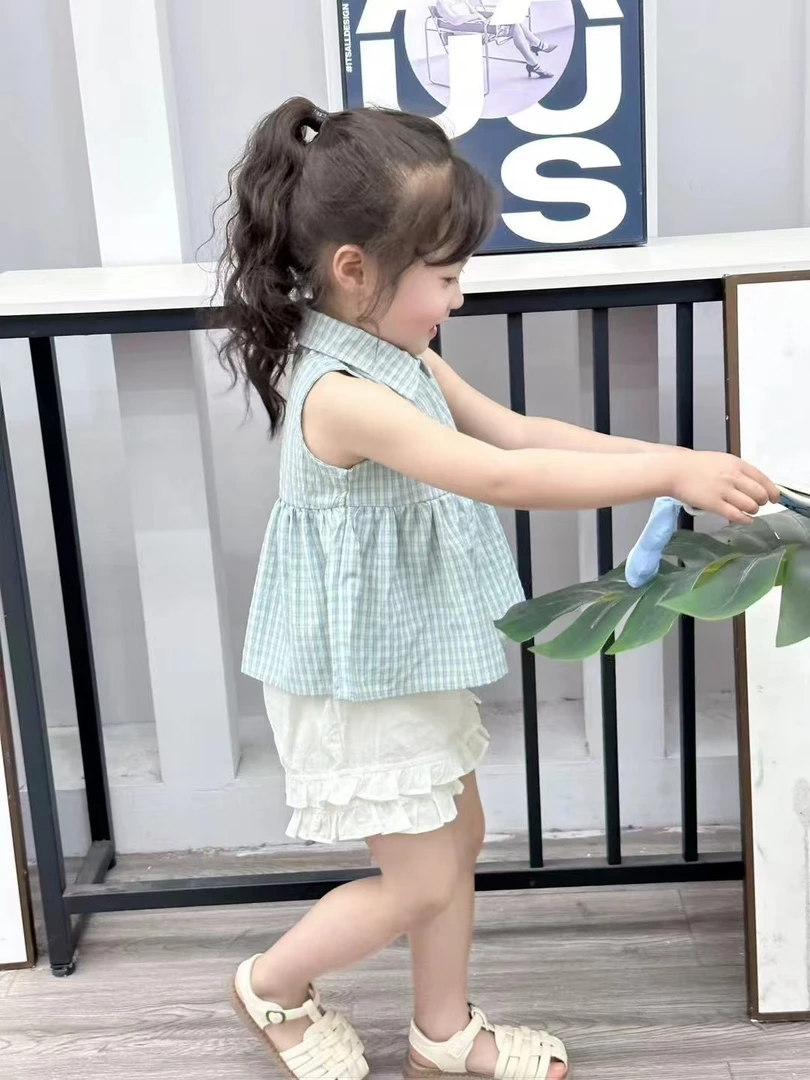 【XTL】2025新夏蓝色格子衬衫白色木耳边短裤套装682523