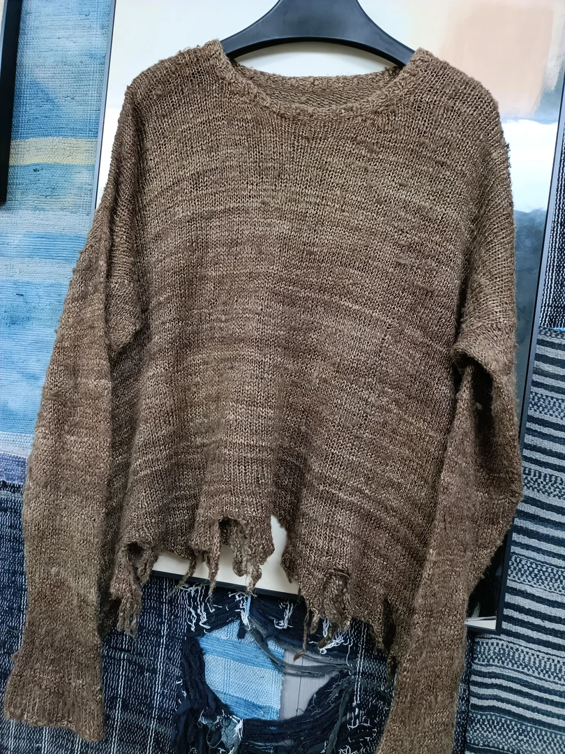 手工编织植物染色柞蚕丝手撕边套头衫（衣长56厘米胸围120厘米）