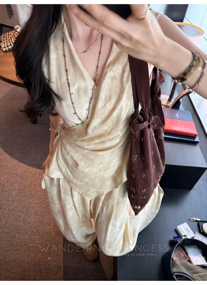 2025新款墨染工艺老钱风棉麻设计感通勤无袖上衣/高腰阔腿裤套装