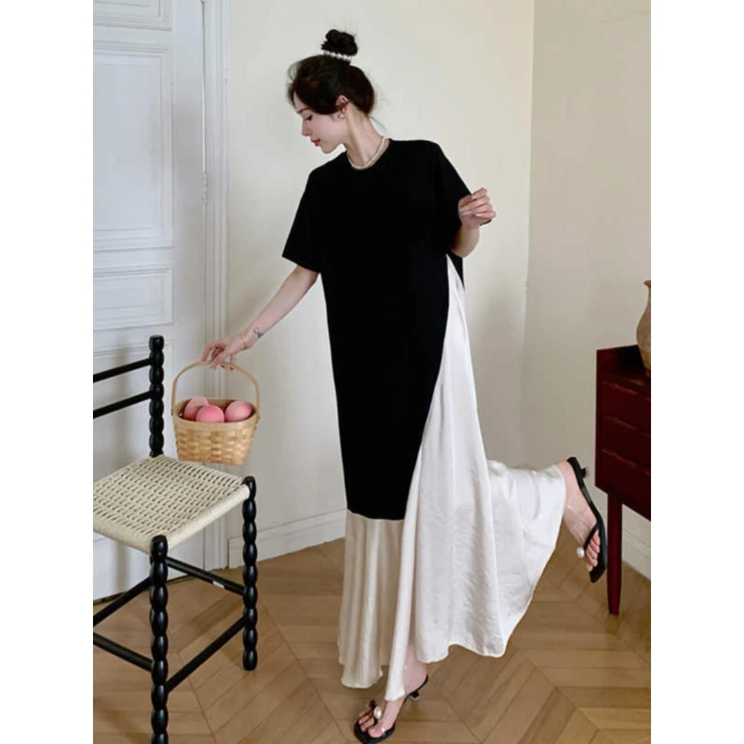 假两件拼接黑色T恤长裙女大码夏款醋酸缎品质短袖小众设计连衣裙