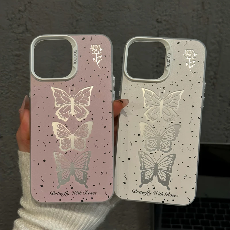 蝴蝶玫瑰花适用苹果16pro创意iPhone15手机壳磨砂彩银华为p60小众