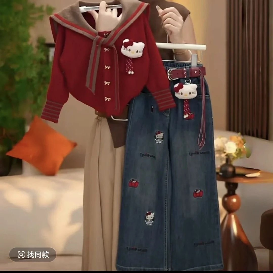 2025秋季女童绝美秋装套装中大童卡通海军领卡通上衣牛仔裤两件套