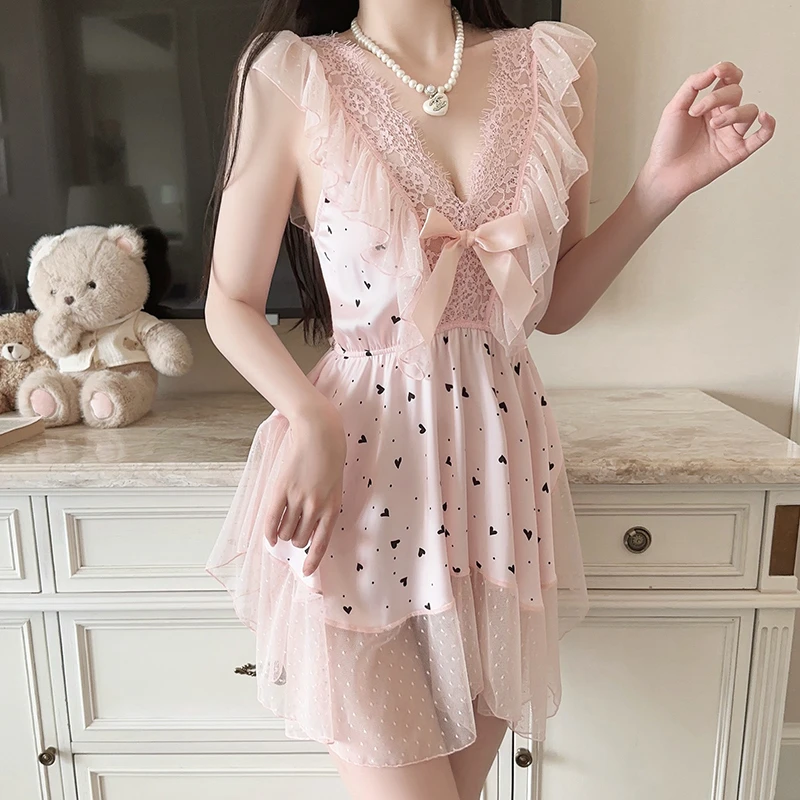 维拉小姐2025夏新款甜美蝴蝶结性感纯欲睡裙露背丝滑缎面轻奢蕾丝