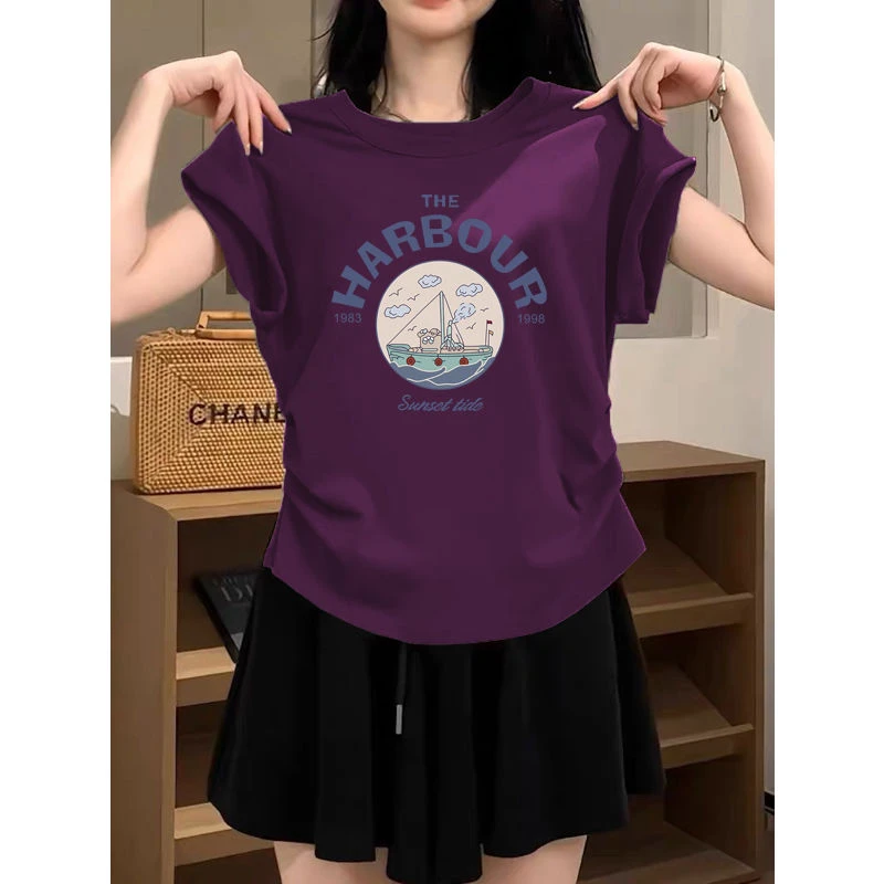 小飞袖收腰正肩短袖T恤女2025新款设计感下摆弧形上衣打底衫夏季