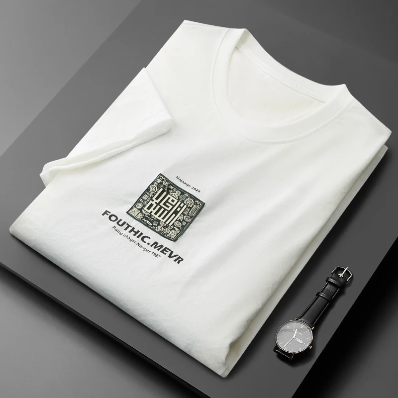 高端刺绣短袖T恤男士夏季新款轻薄冰丝白色体恤衫透气吸汗上衣t恤