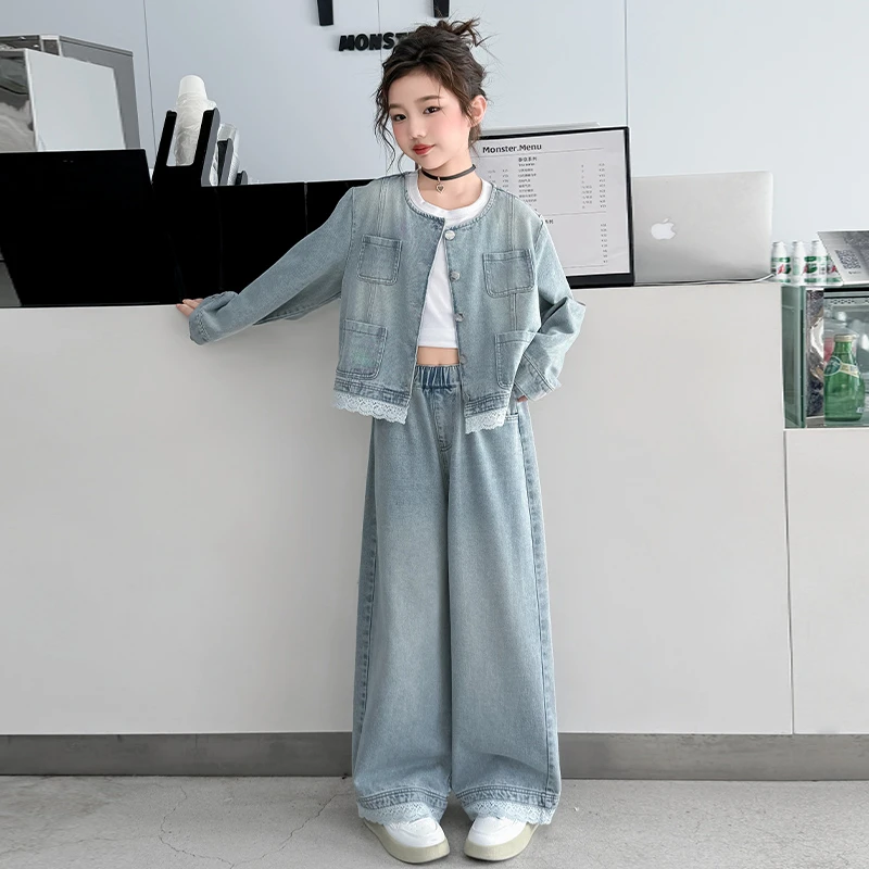 女童牛仔套装春季薄款2025新款儿童韩系潮酷穿搭中大童女孩两件套