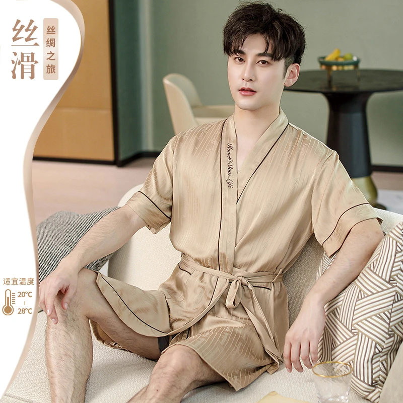 男士睡衣冰丝睡袍春夏季短袖中长款真丝绸大码和服领高档大码浴袍
