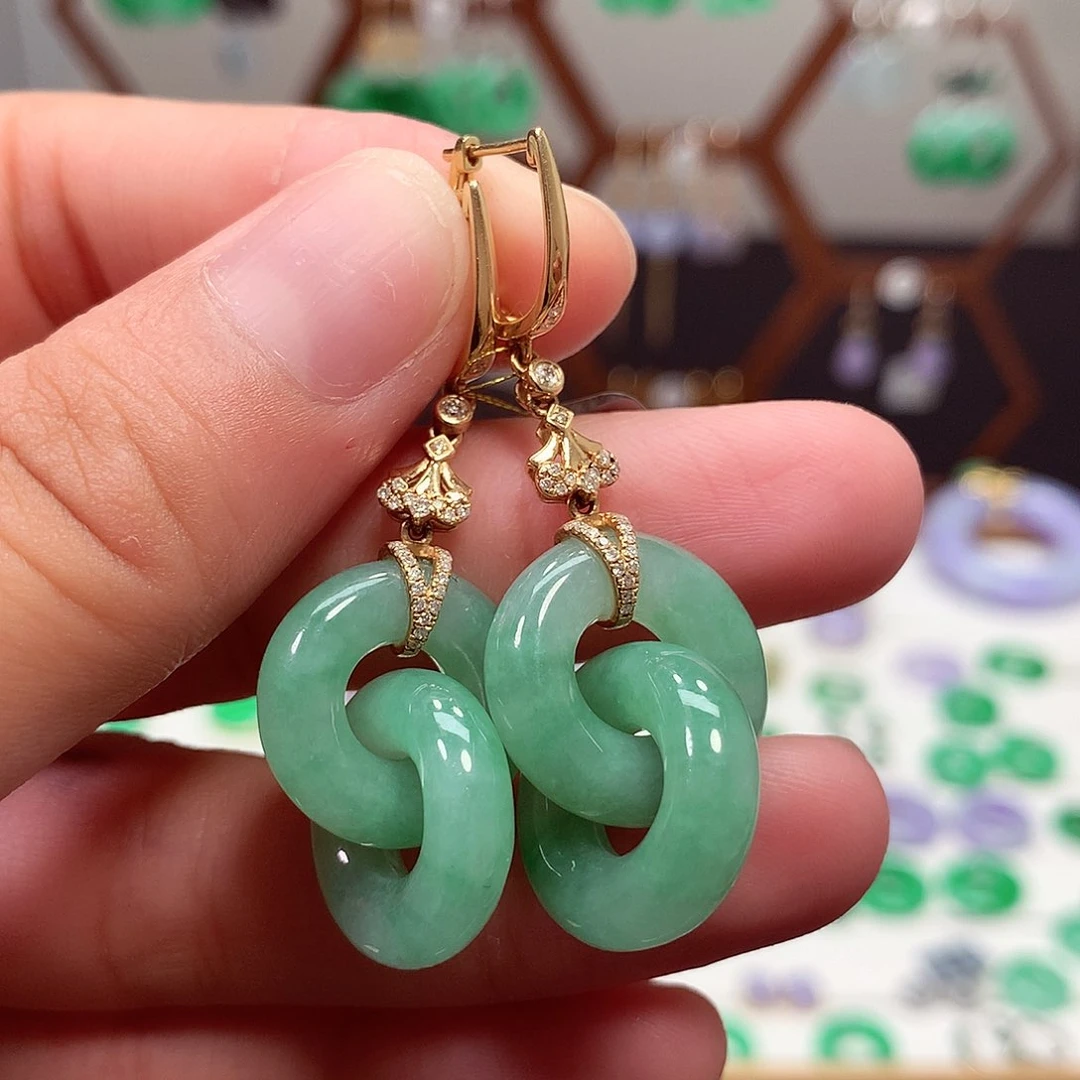 翡翠18K金镶嵌耳饰天然翡翠